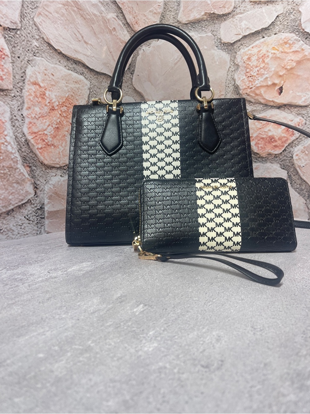 Michael Kors Marilyn Black/White Logo Center Stripe Satchel & Matching Wallet